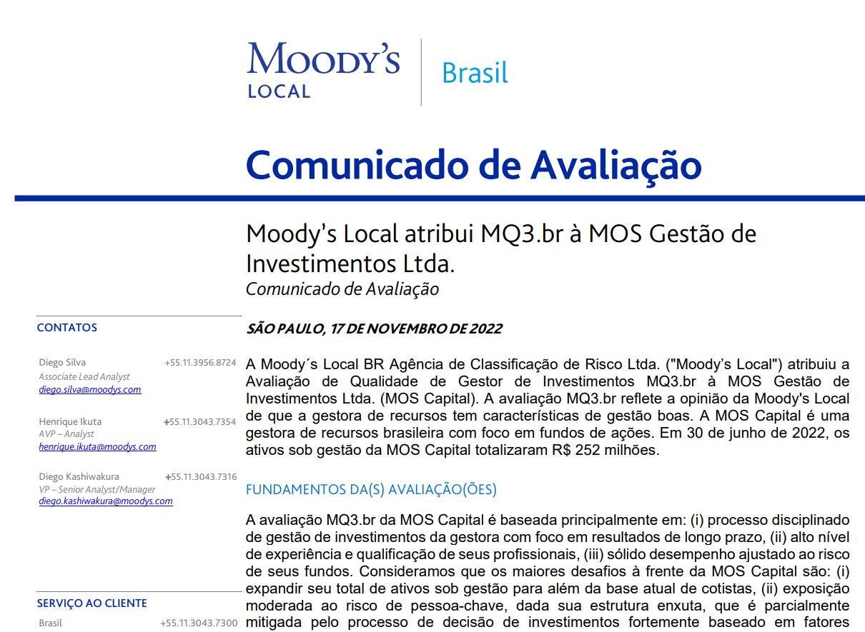 Moody’s Local atribui MQ3.br à MOS Capital