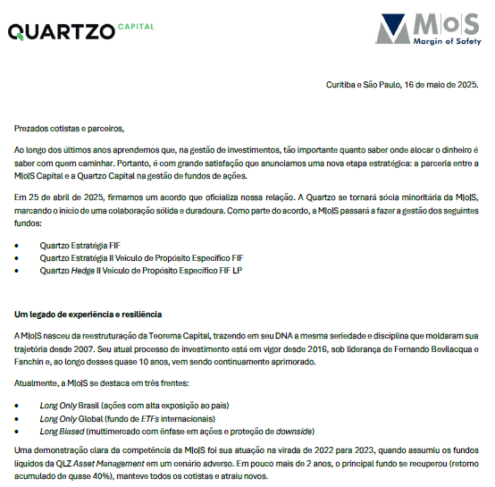 Parceria entre a M|o|S Capital e a Quartzo Capital